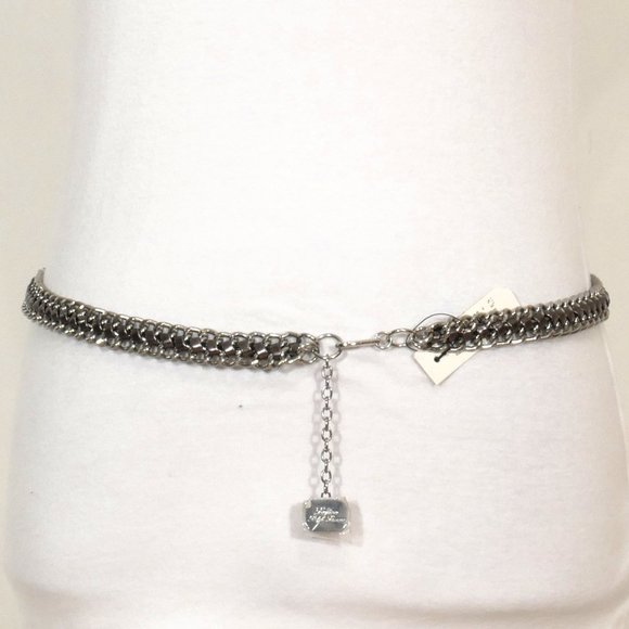 RALPH LAUREN Silver Double Chain Link Patent Leather Woven Logo Charm Belt L/XL